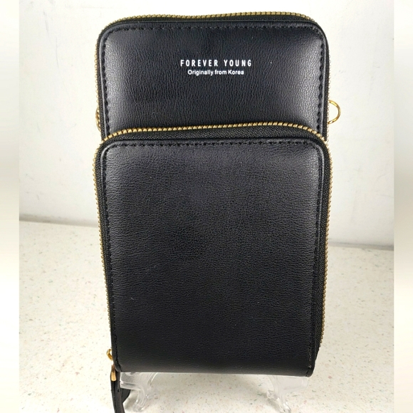 Forever Young Black Vegan Leather 3 Compartment Crossbody Cell Phone Wallet - Picture 1 of 13